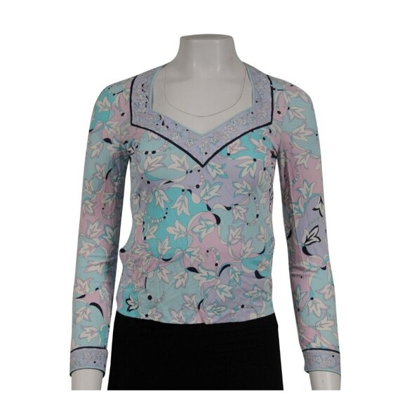 Emilio Pucci Floral V Neck Top US 8 IT 38 Blue Purple Pink Viscose Long Sleeve - Picture 1 of 9